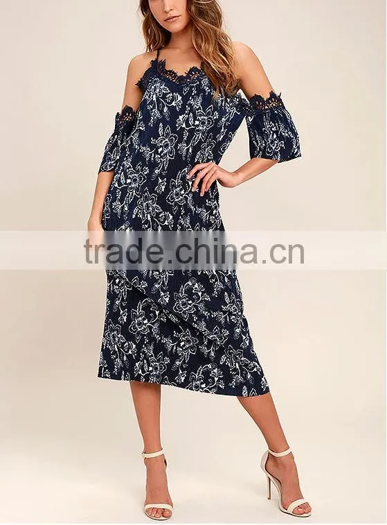 New design women dresses floral print lace top maxi hippie bohemian dress