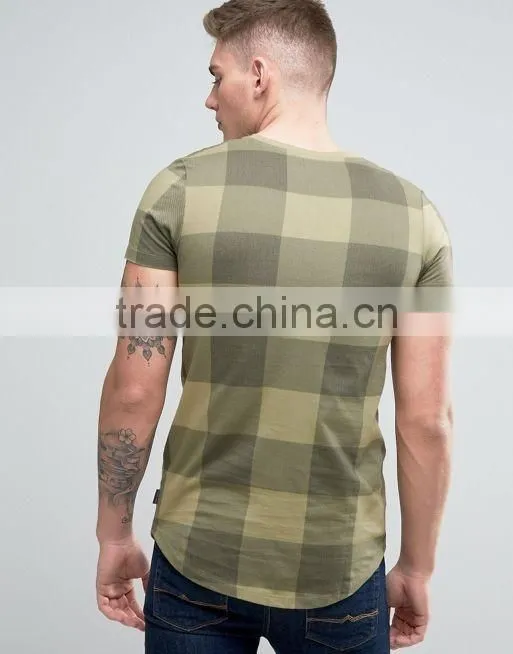Longline T-Shirt With Curved Hem In Check Print