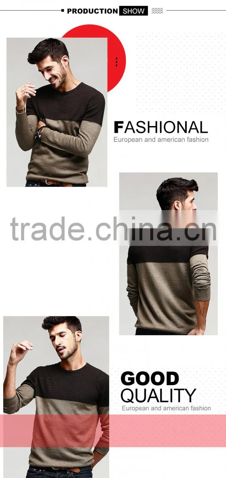 mans crew neck split joint pattern tight pullover sweater for wholesale