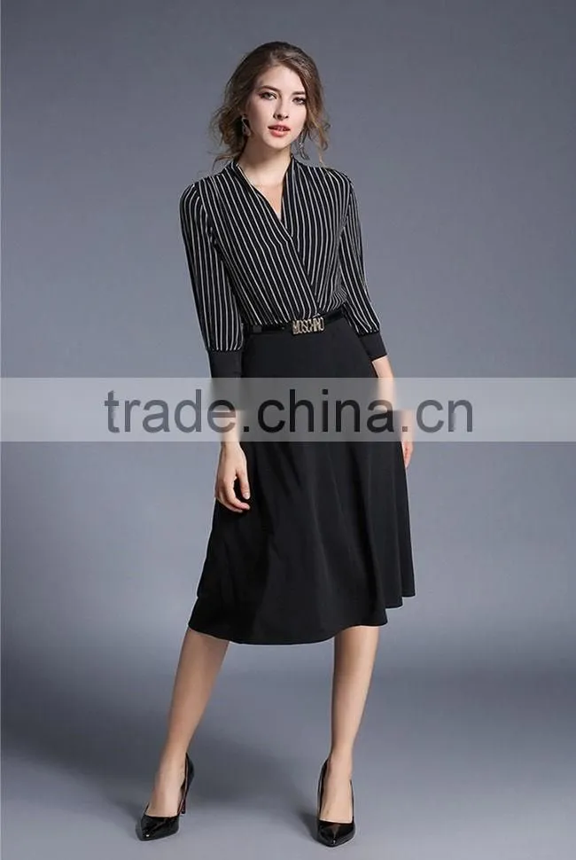 Fashion Women V Neck Vertical Stripes Office Dress Korean OL Belted Midi Dress