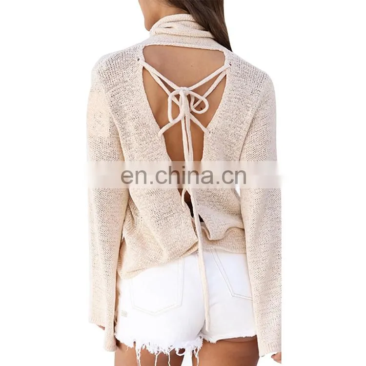 Women Sexy Trumpet Sleeve Turtleneck Knitted Ladies Tops Latest Design T-Shirt