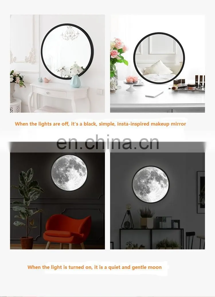 Decorative glass round Moon mirror with stand shelf for home table makeup mirror