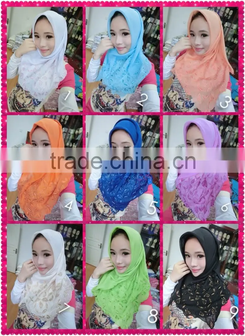 S142 newest 2014 Embroidery flower super voile muslim square scarf