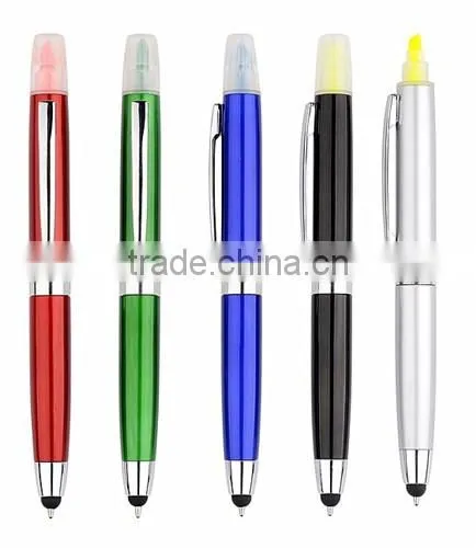 Multifunction plastic ball pen highlighter and touch pen