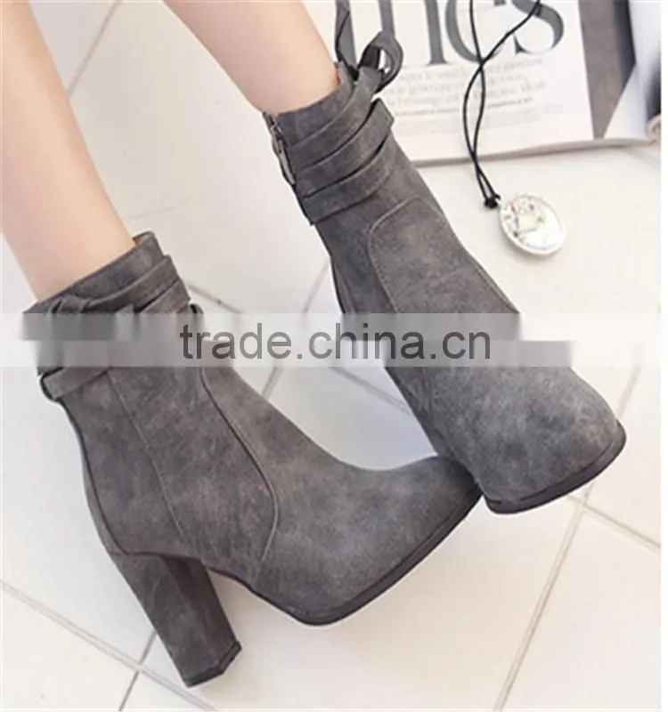 New arrival high heel ladies suede ankle gray european button ankle boots shoes