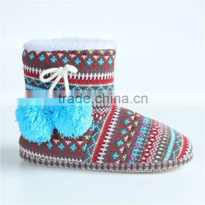 Ladies slipper knit boots with pompom