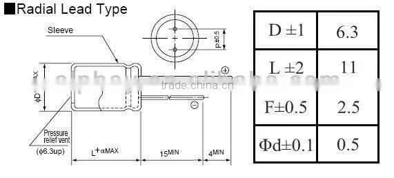 aluminum electrolytic capacitor 47uf 50V 6.3*11 P=2.5 RoHs