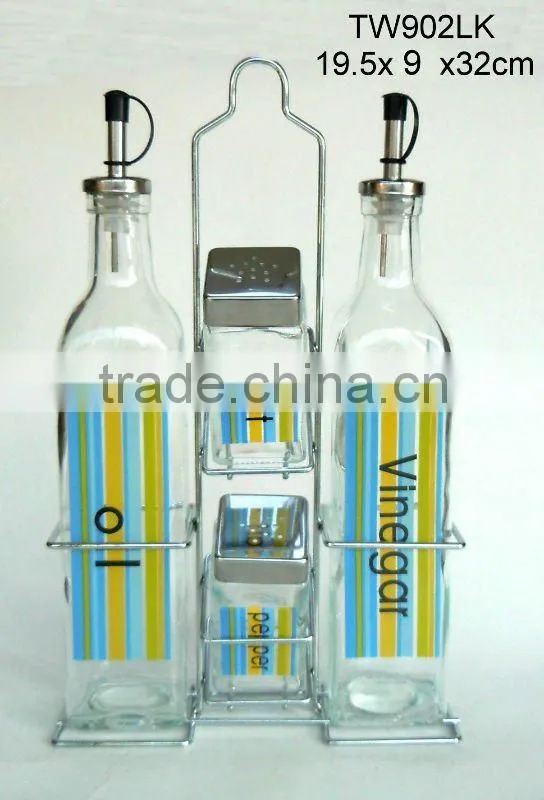 4pcs ceramic salt pepper oil vinegar set with me tal rack (TW902)