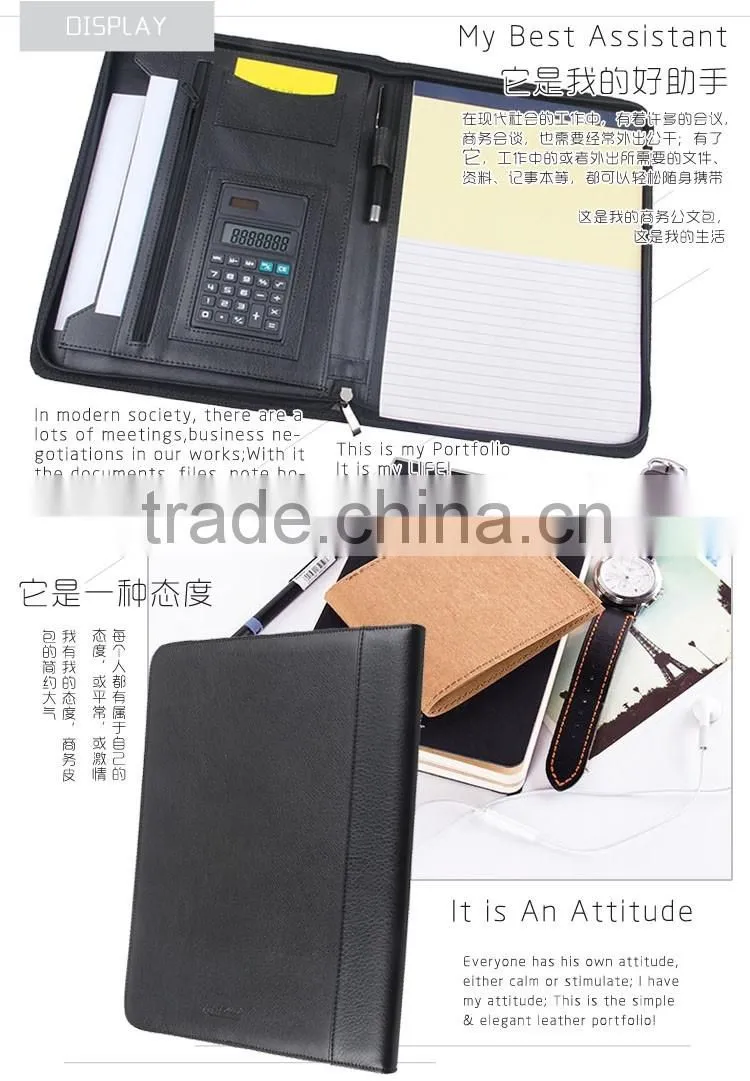 A4 Black PU/PVC Leather Zipper Notepad Portfolio With Calculator