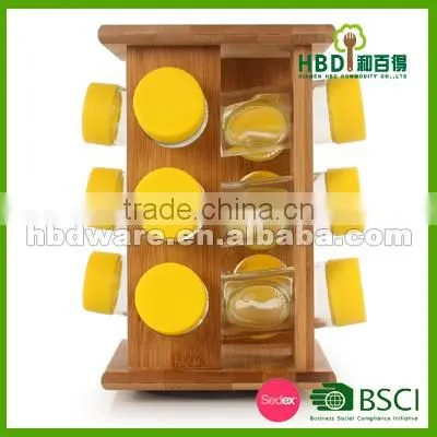 Hot selling glass spice jars with bamboo rack wholesale