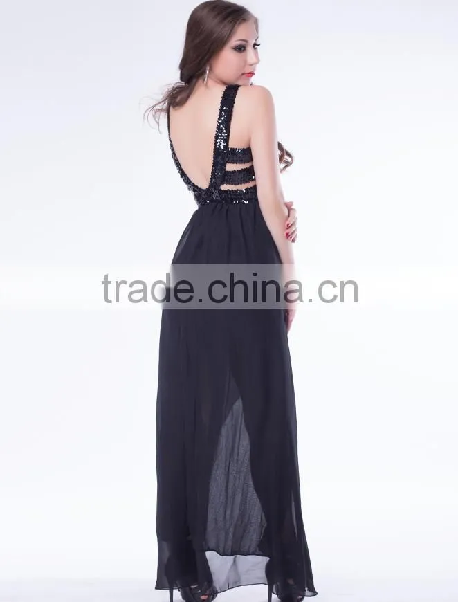 Special design fashion lady party wear open back sequin short front and long dress