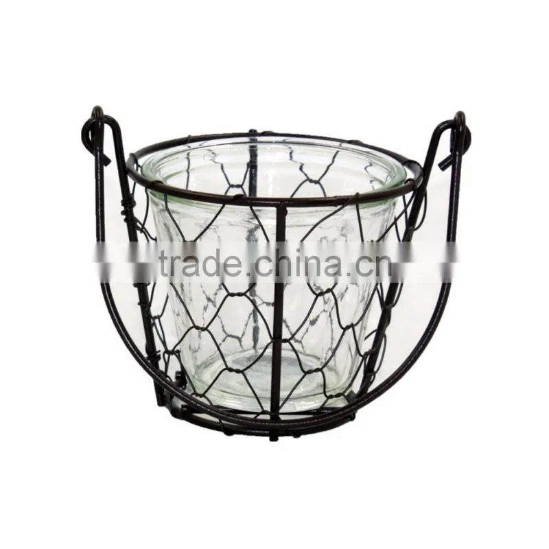 glass candle holder jars wholesale with iron basket