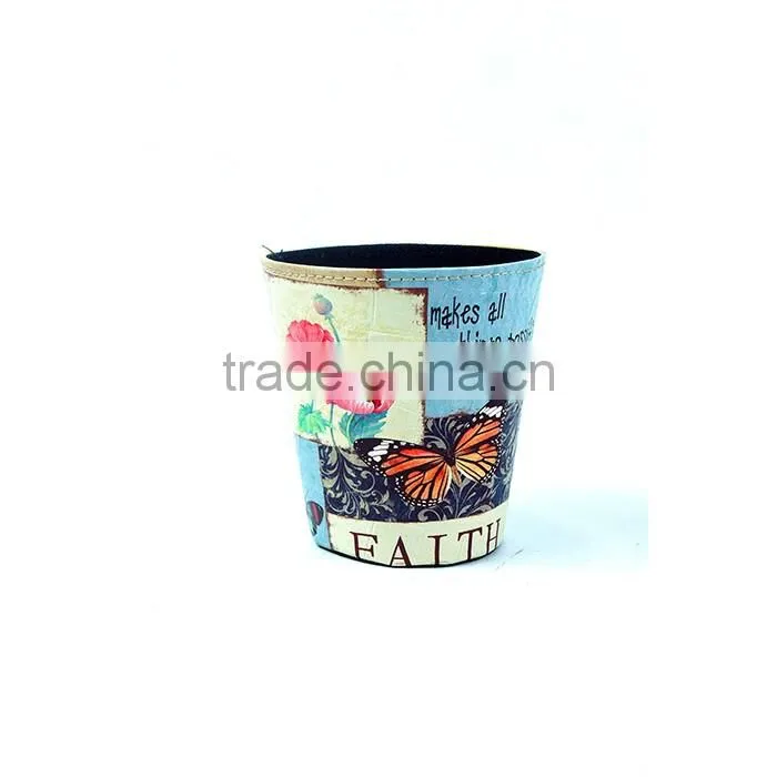 Flower Print Beautiful Waste Bin Faux Leather Open Top Standing Trash Can