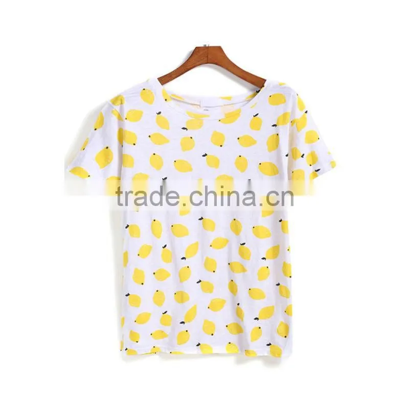 Dongguan cheap t-shirt short sleeve round neck yellow print t-shirt for ladies