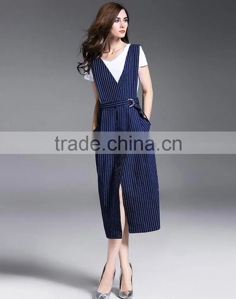 Fashion Women Sleeveless Striped Spaghetti Strap Dresses New Design Denim Maxi Dress