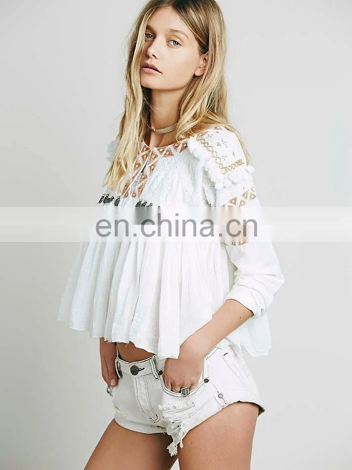 High quality white embroidery tops for lady,fashion babydoll blouse designs