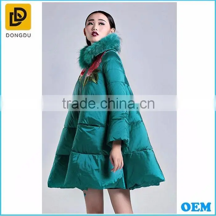 New fashion Green silk stain puffy embroidery women winter coats
