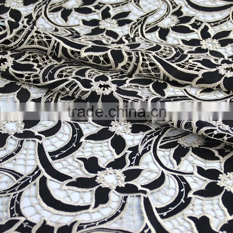 Hot-selling promotional custom chemical evening sexy dress use hot popular black gold lace fabric