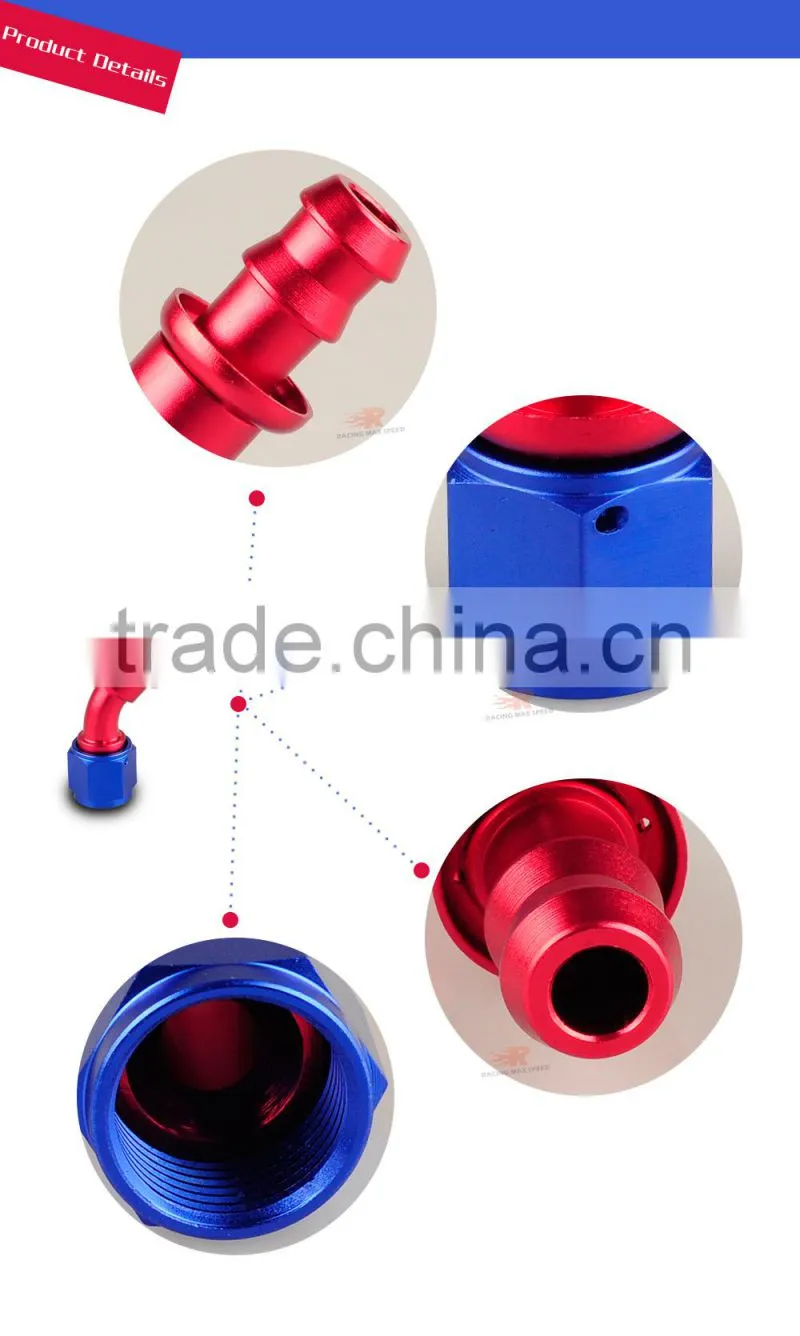 Aluminum oil cooler push on fitting 45 degree push on hose end blue and red 10-045-10