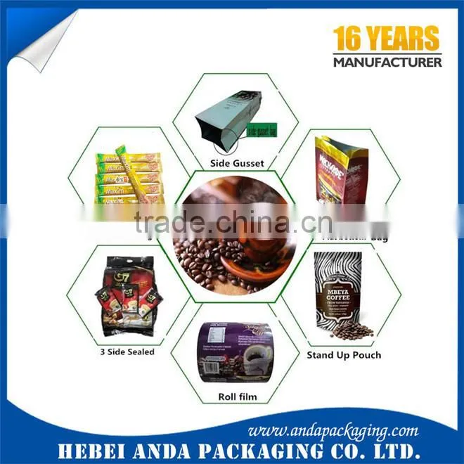 Aluminum coffee bag/small coffee packing stick plastic film rolls/mini coffee packing sachet