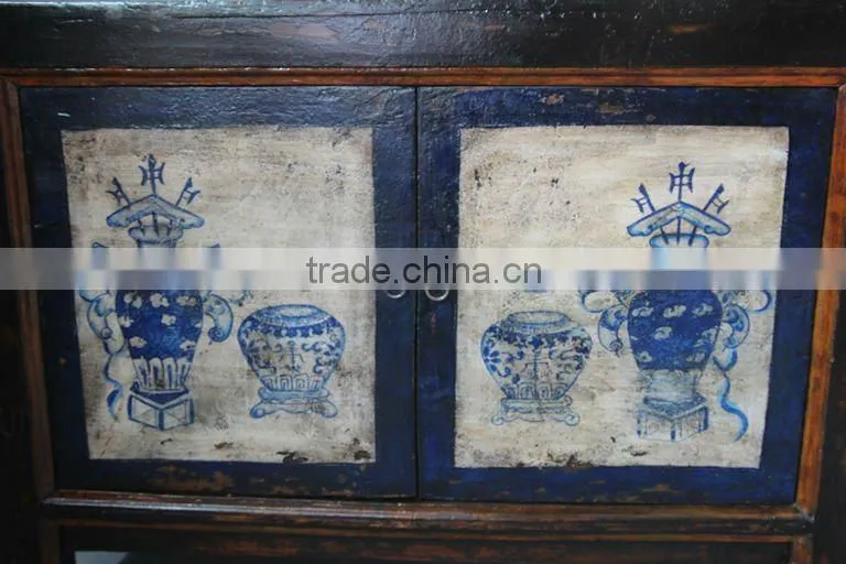 chinese antique rustic reclaimed wood hand painted Mongolia cabinet