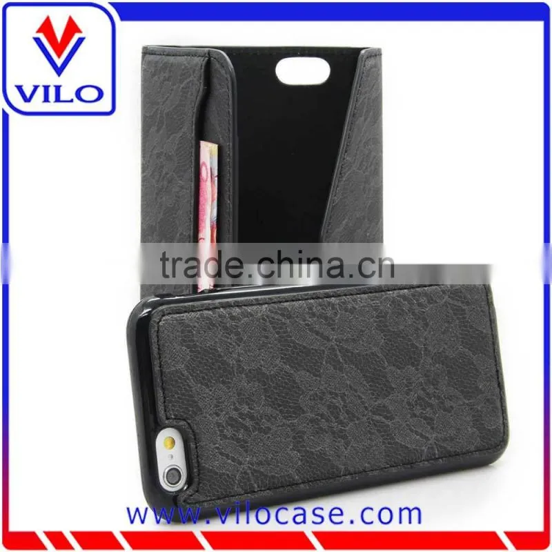 Lace PU leather magnetic detachable back cover case with card slot for Iphone 6