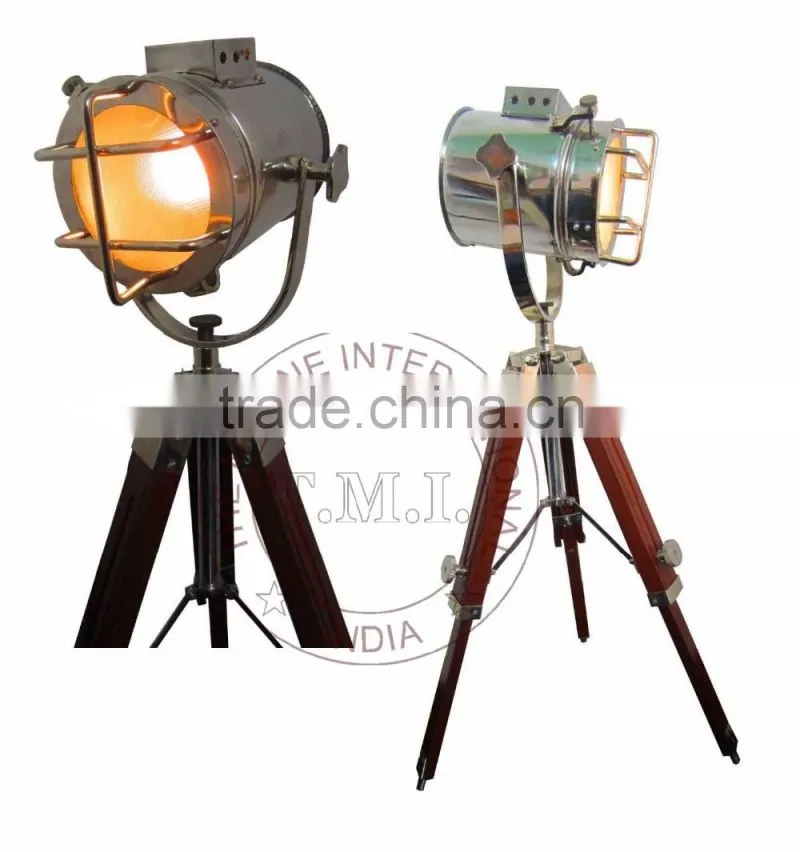 SPOTLIGHT WITH WOODEN TRIPOD STAND - SEARCHLIGHT WITH WOODEN STAND - NAUTICAL SPOTLIGHT