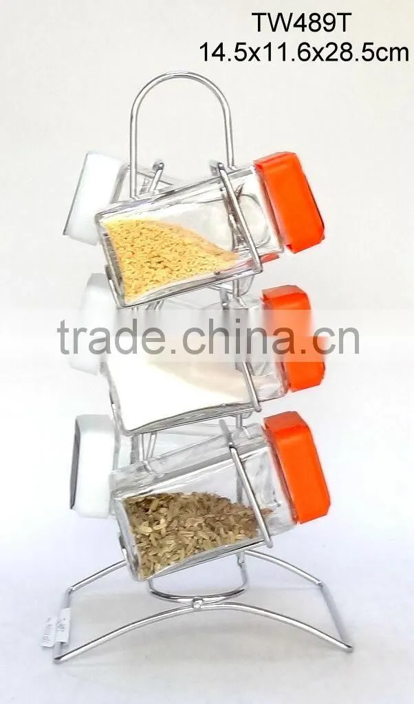 TW1037 4pcs glass spice jar with metal rack