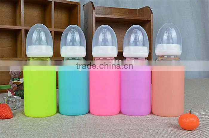 High quality cute baby feeding bottle,food grade BPA free baby feeding bottle,silicone glass milk bottle for baby feeding