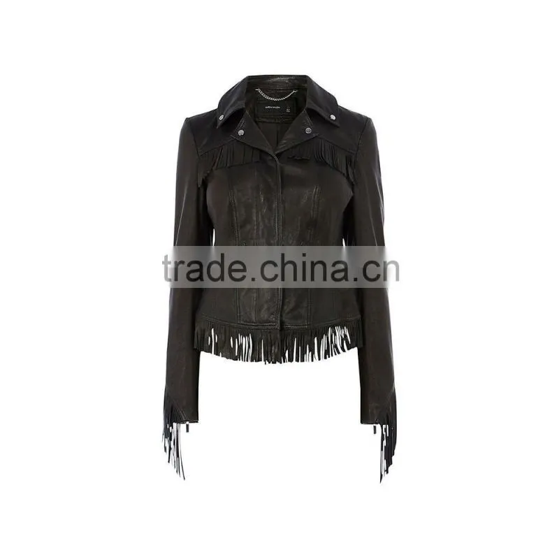 Lady's Genuine Sheepskin Leather Fringe Jacket, Black