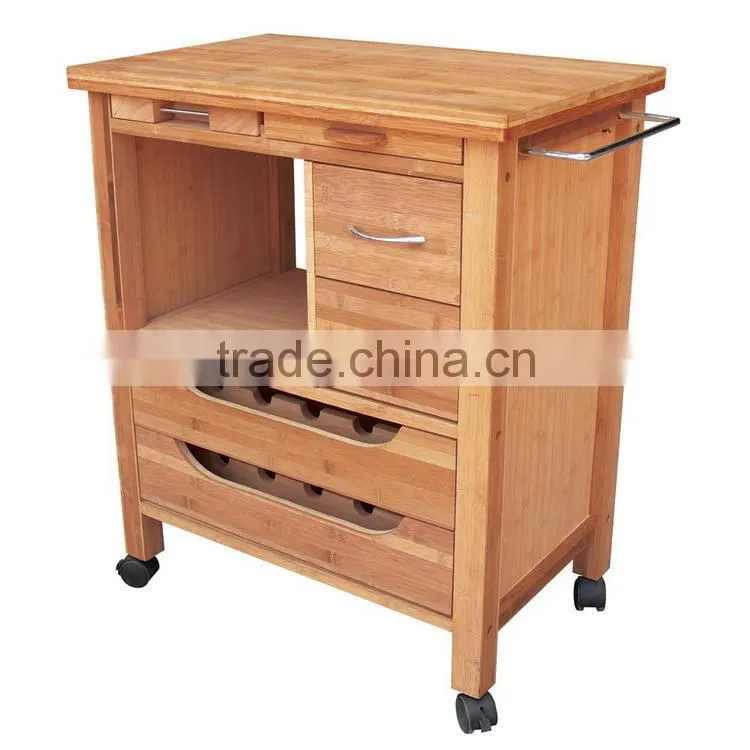 Bamboo Kitchen Serving Trolley Service Cart with Food Keeping Drawers and Casters Wheels for Sale