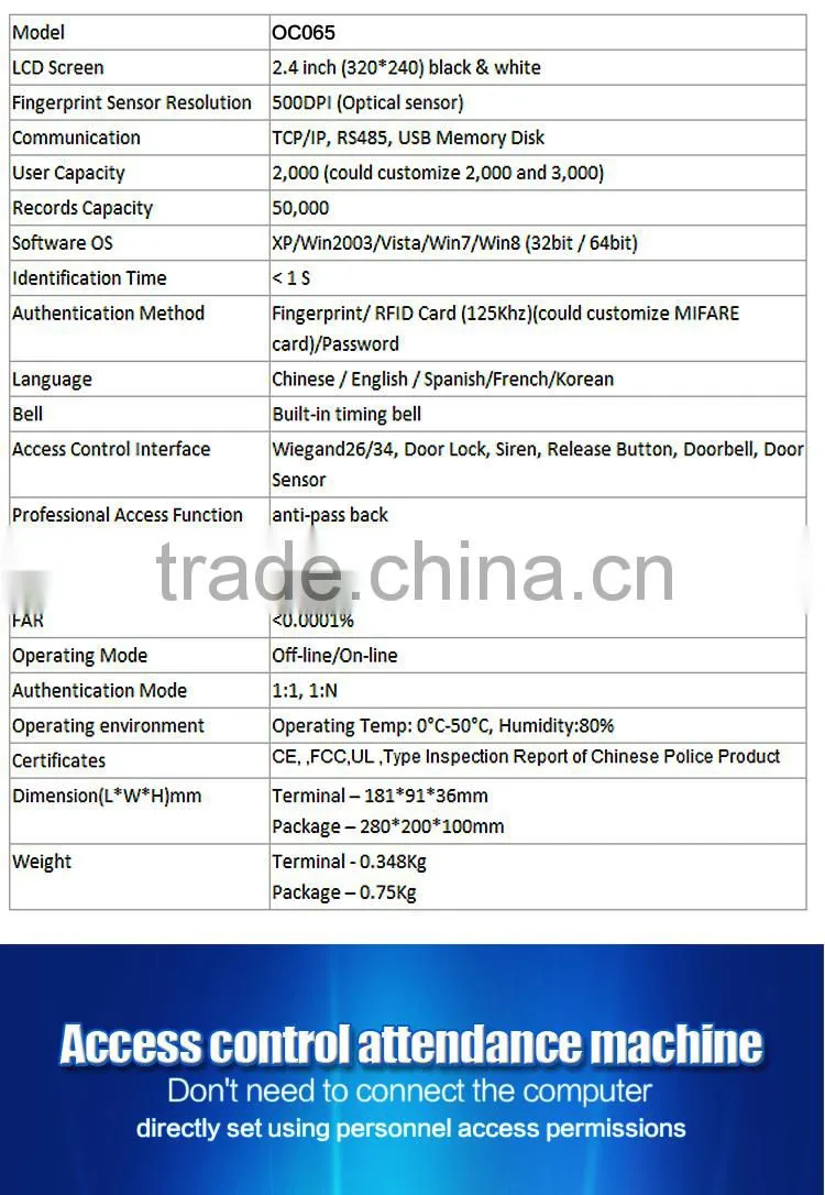 2.4 inches TFT Color screen Biometric fingerprint access control system/time attendance
