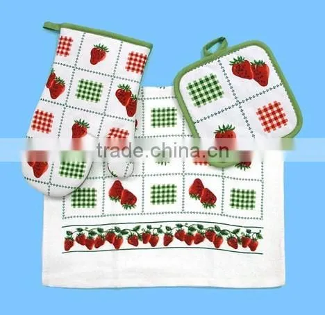 3 pcs pigment print cotton towel set cotton pot holder oven mitten set