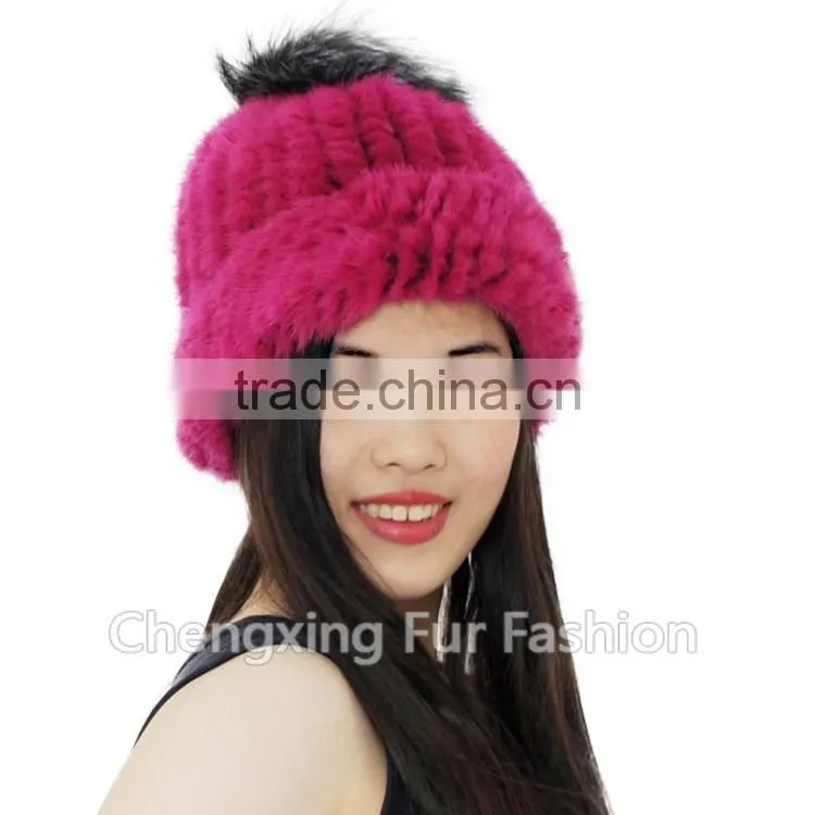 CX-C-239R Spring/Winter Lady Mink Fur Knitted Hat With Genuine Fox Fur Pom Poms