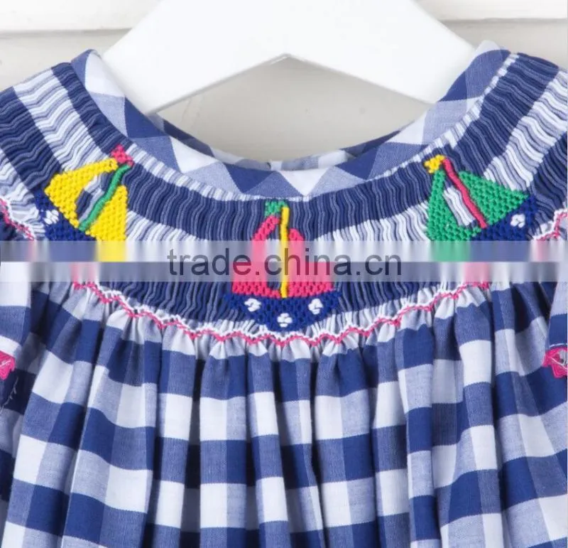 Blue plaid children frocks designs Kids Smocked clothing short sleeve Baby Girl Dresses
