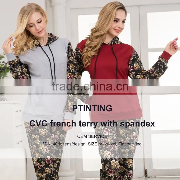New wholesale cvc women fancy printing pajama with hood custom front pocket design winter pajamas set for lady