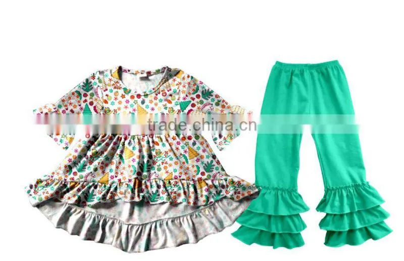 Fall Winter Snow Man Children's Long Sleeve Boutique Girl Clothing Set Baby Romper Outfits With Ruffle Pants Fast Delivery
