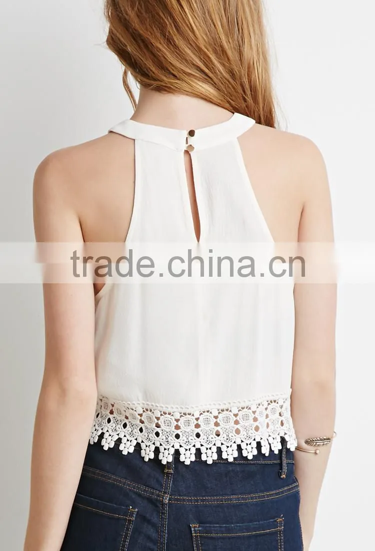 100% polyester fashion women top with lace trim