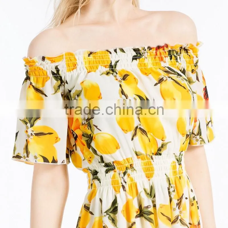 Summer Ladies Latest Fashion Boat Neck Printed Chiffon Dress Designs Women Off Shoulder Casual Dress