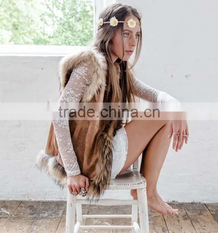 SJ185-01 2016 Big Raccoon Collar with Suede Vest for Women