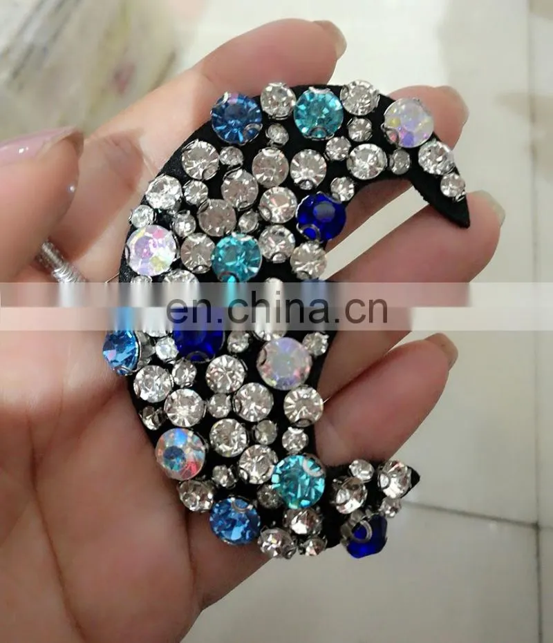 Fashion White Blue Beading Crystal Rhinestone Moon Sew on Patches Appliques