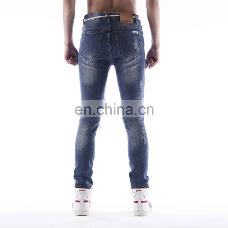 DiZNEW Custom blue stretchy distressed Men ripped holes biker jeans