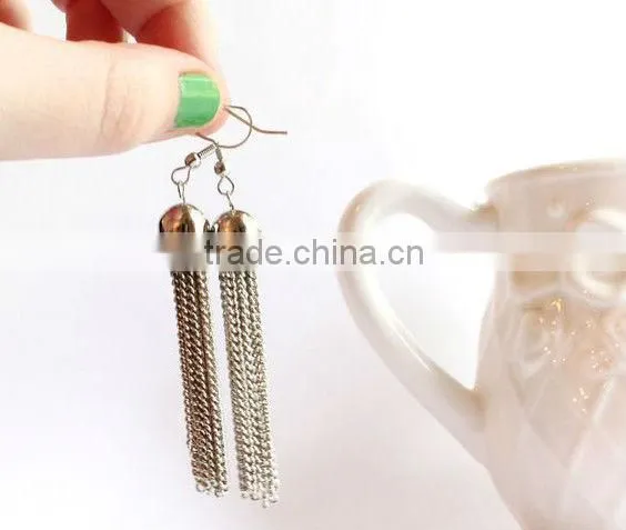 Chain Tassle Earrings, Silver Long Chain Earrings Statement Jewelry, Handmade Fashion Jewelry