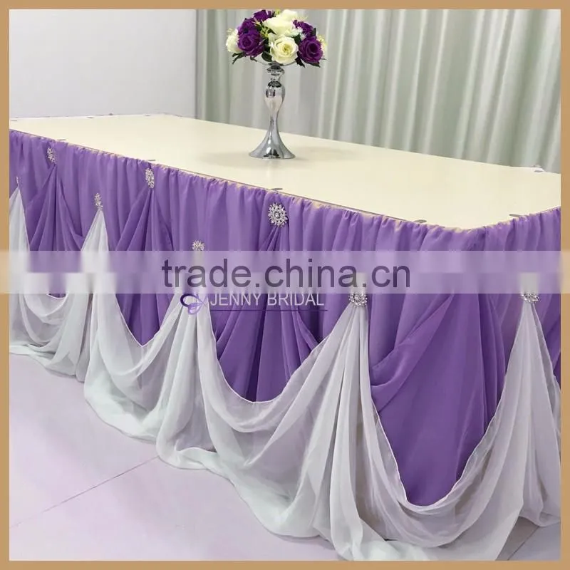 TC106K#37 Beautiful purpal chiffon cinderalla table skirt with brooch weeding table skirting