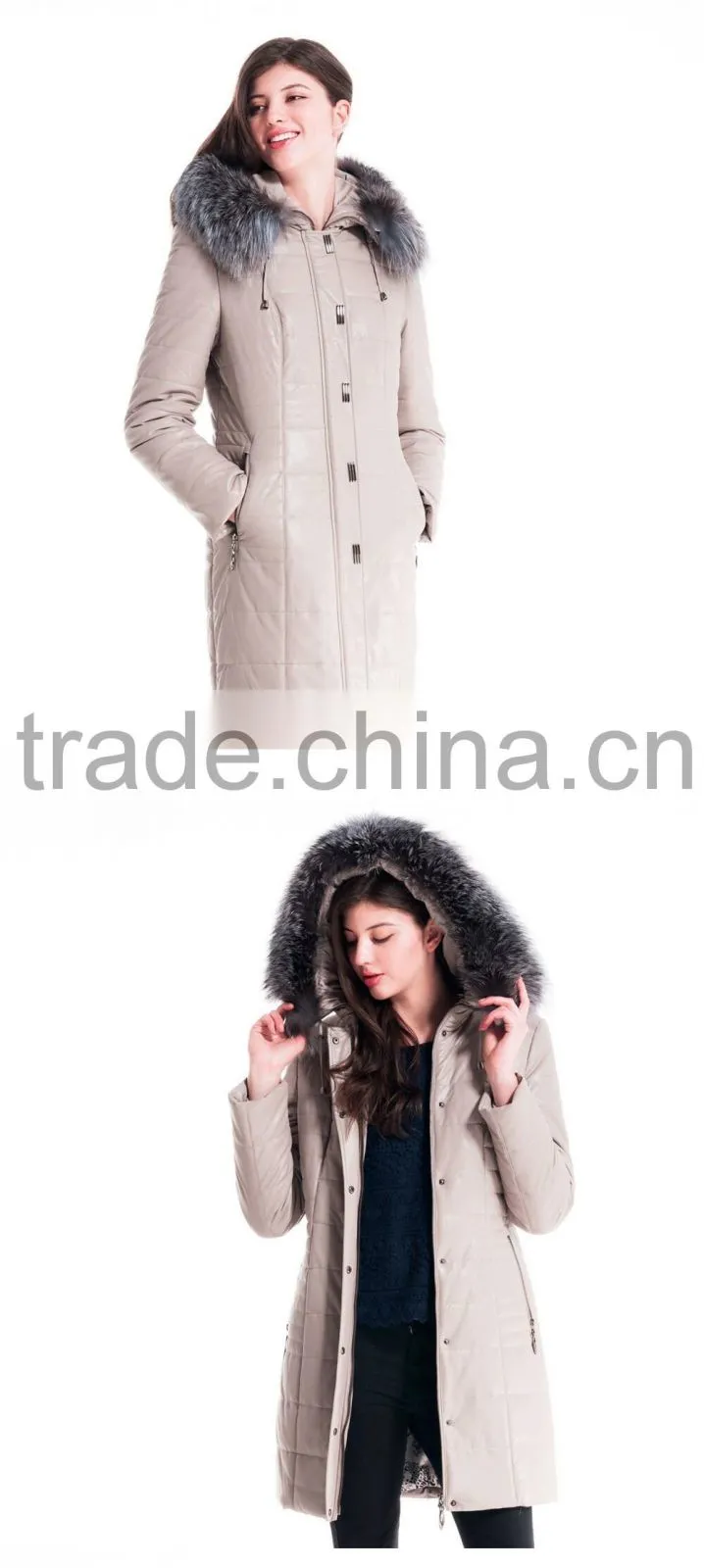 Winter Women Leather Medium Length Slim Fit Coat With Brown Fox Hat Overcoat