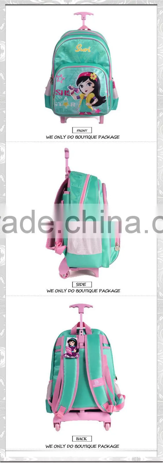 600D polyester printing cheap child school trolley bag