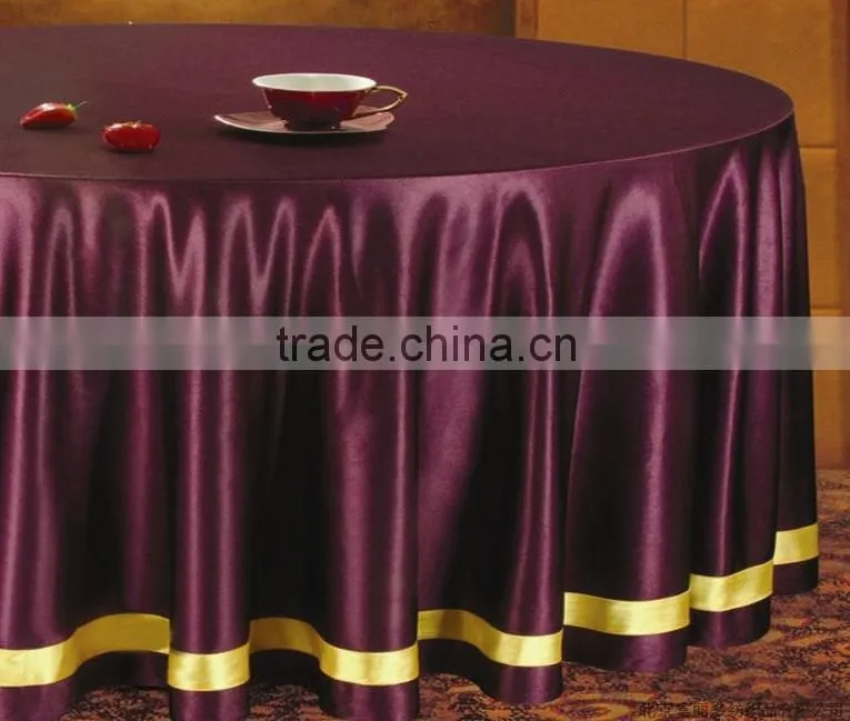 High quality luxury purple color satin round table cloth with golden frame edge for wedding banquet party