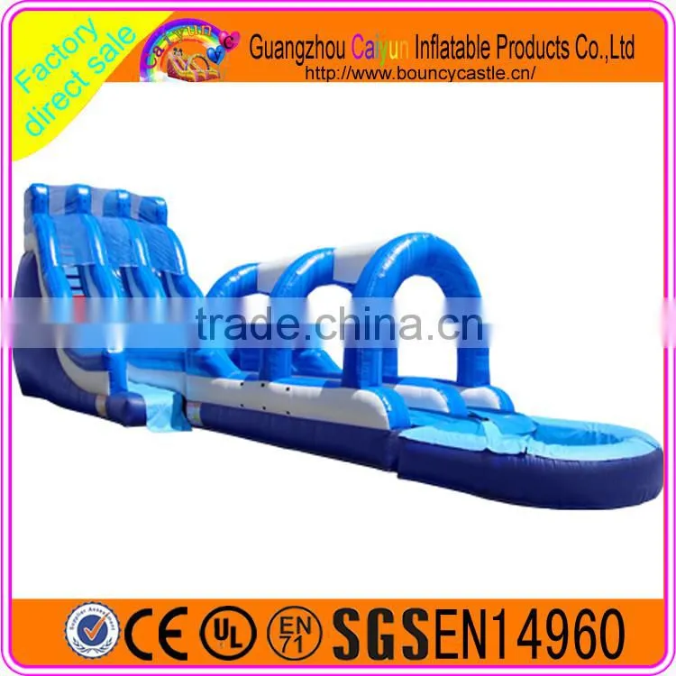 Blue long inflatable water slide with pool