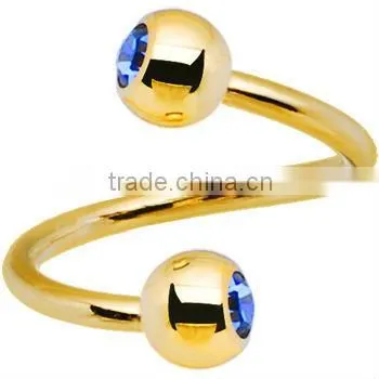New 16 Gauge Gold Plated Aqua Gem Spiral Twister Ring