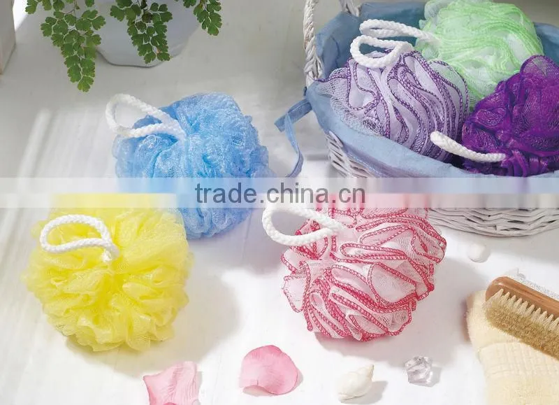 Wholesalegood quality flower shaped bath spong ,bath balll ,mesh shower wash sponge for promotional gift